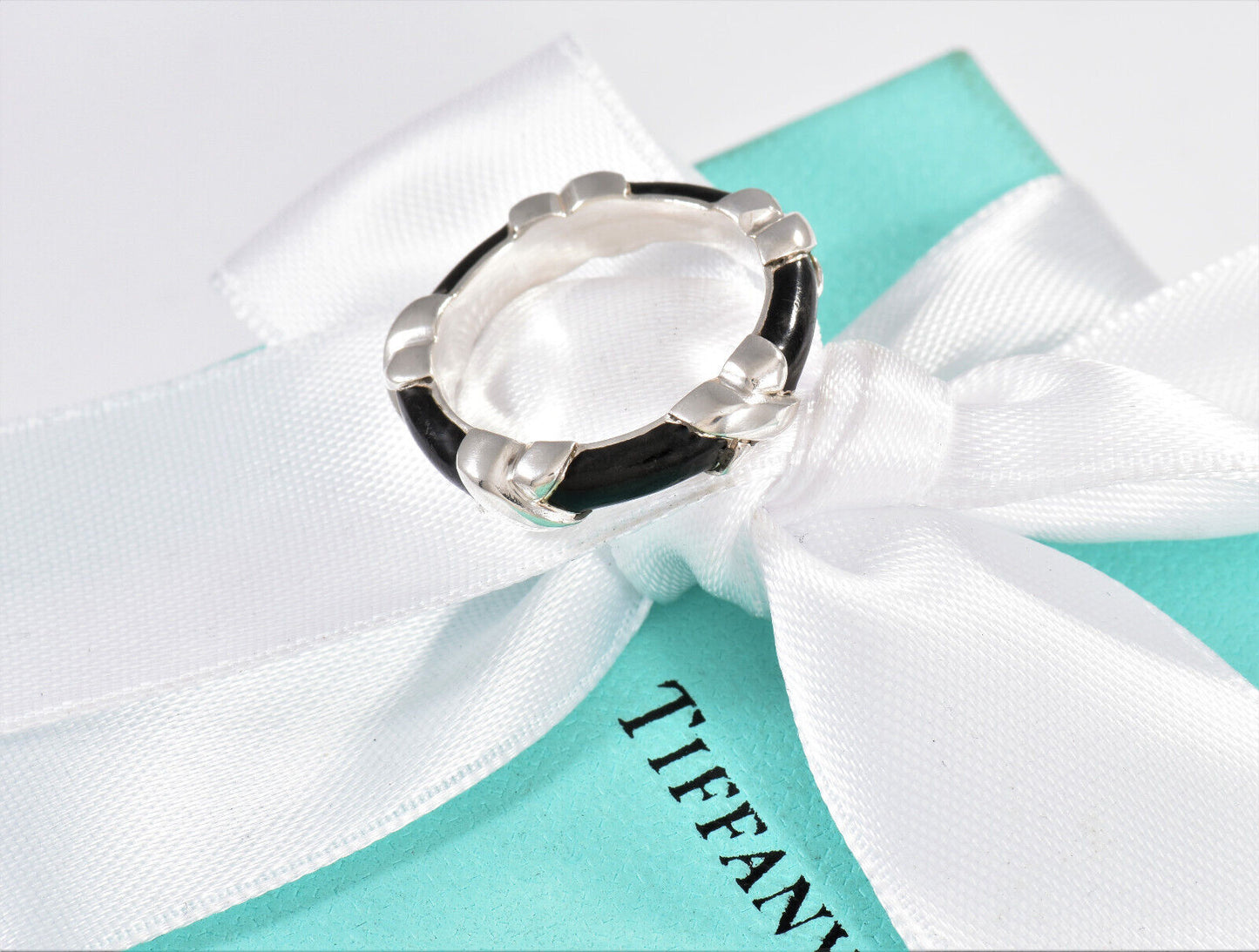 Tiffany & Co Silver Black Enamel Signature X Stack 4mm Ring Size 6 in Pouch Rare