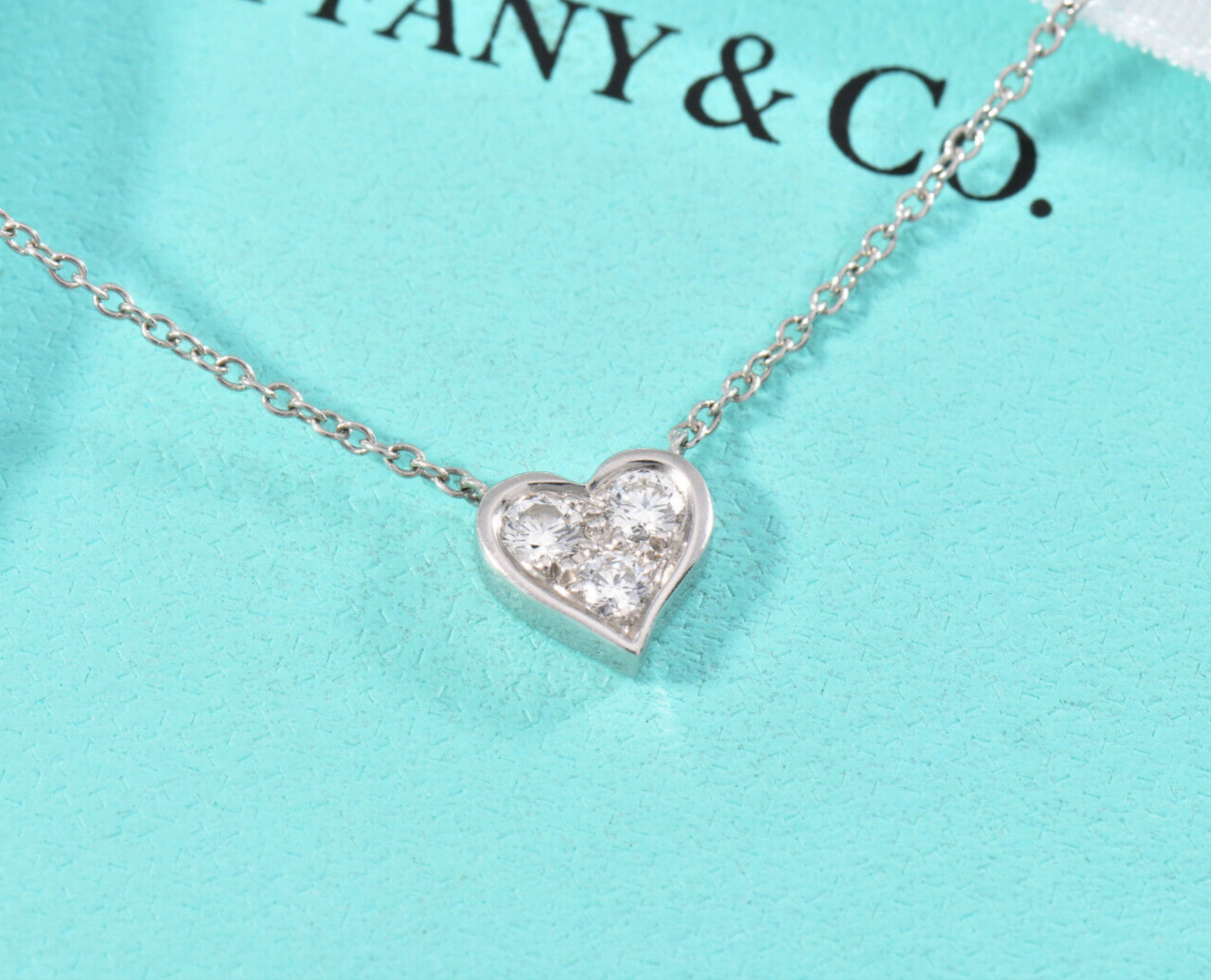 Tiffany & Co Platinum Three Diamond Heart Pendant 16.25" Necklace in Box Pouch