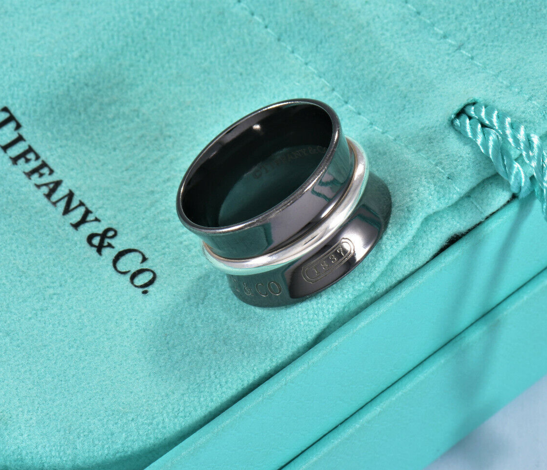 Tiffany & Co Titanium Silver 1837 Wide Concave Band Size 5.5 Ring & Pouch Unisex