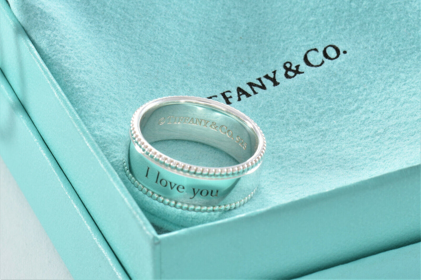 Tiffany & Co Sterling Silver I Love You Bead Edge Ring Size 6 in Pouch Yours