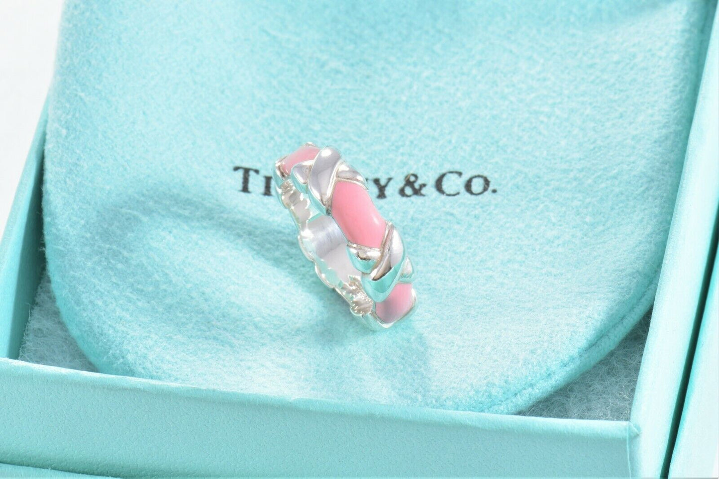 Tiffany & Co Silver Pink Enamel Signature X Stack Band Ring Size 9 in Pouch Rare