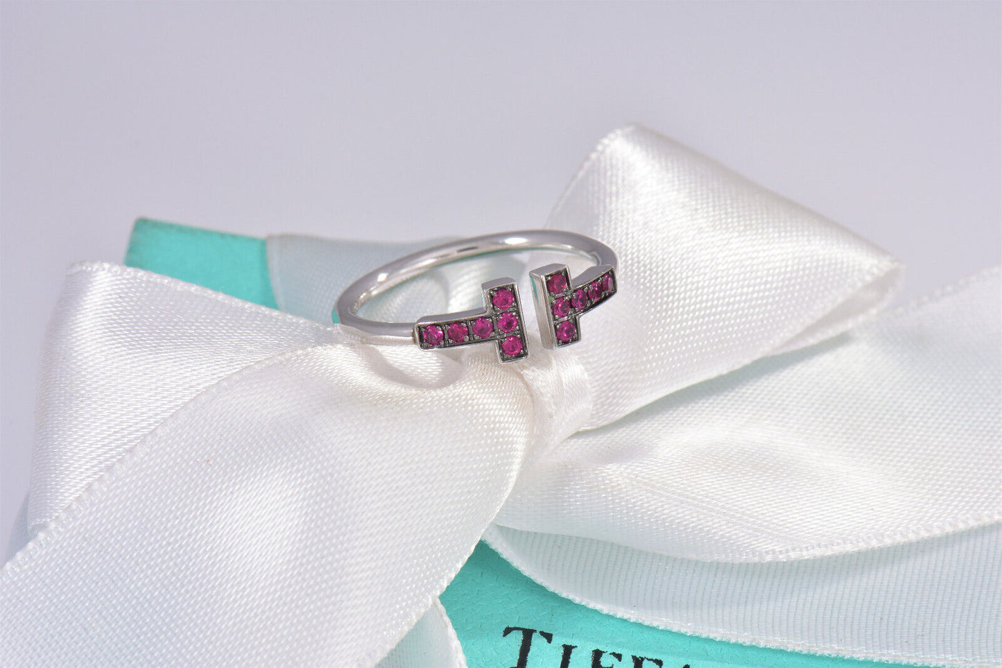 Tiffany & Co Red Ruby 18K White Gold T Square Wire Ring Size 4 in Box Pouch Rare