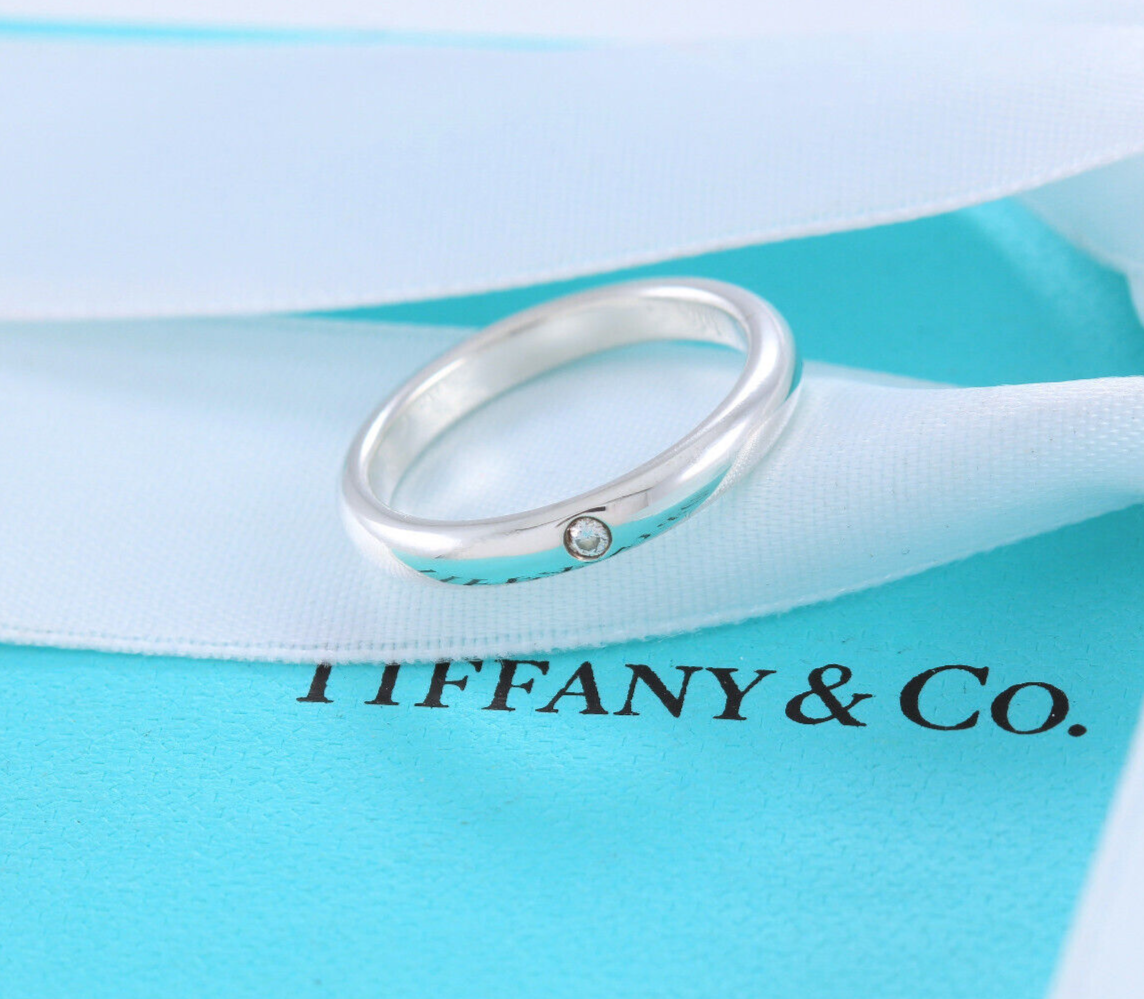 Size 8.5 Tiffany & Co Sterling Silver Elsa Peretti Diamond Stack Ring Box Pouch