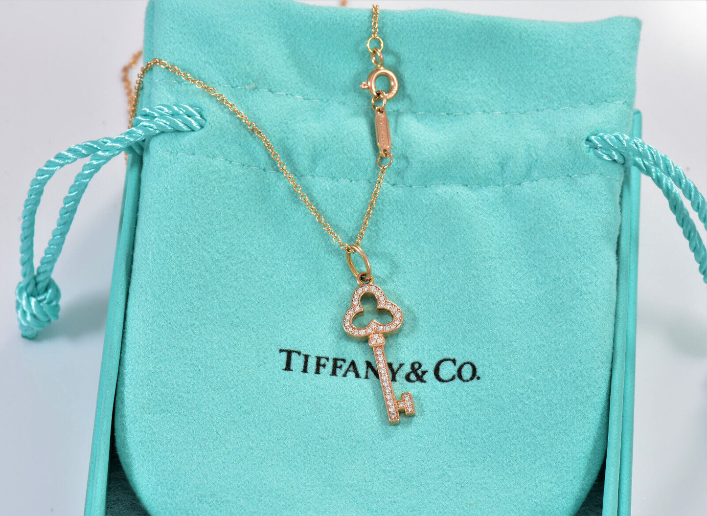 Tiffany & Co Diamond 18K Rose Gold Open Trefoil Key Pendant 16" Necklace in Box