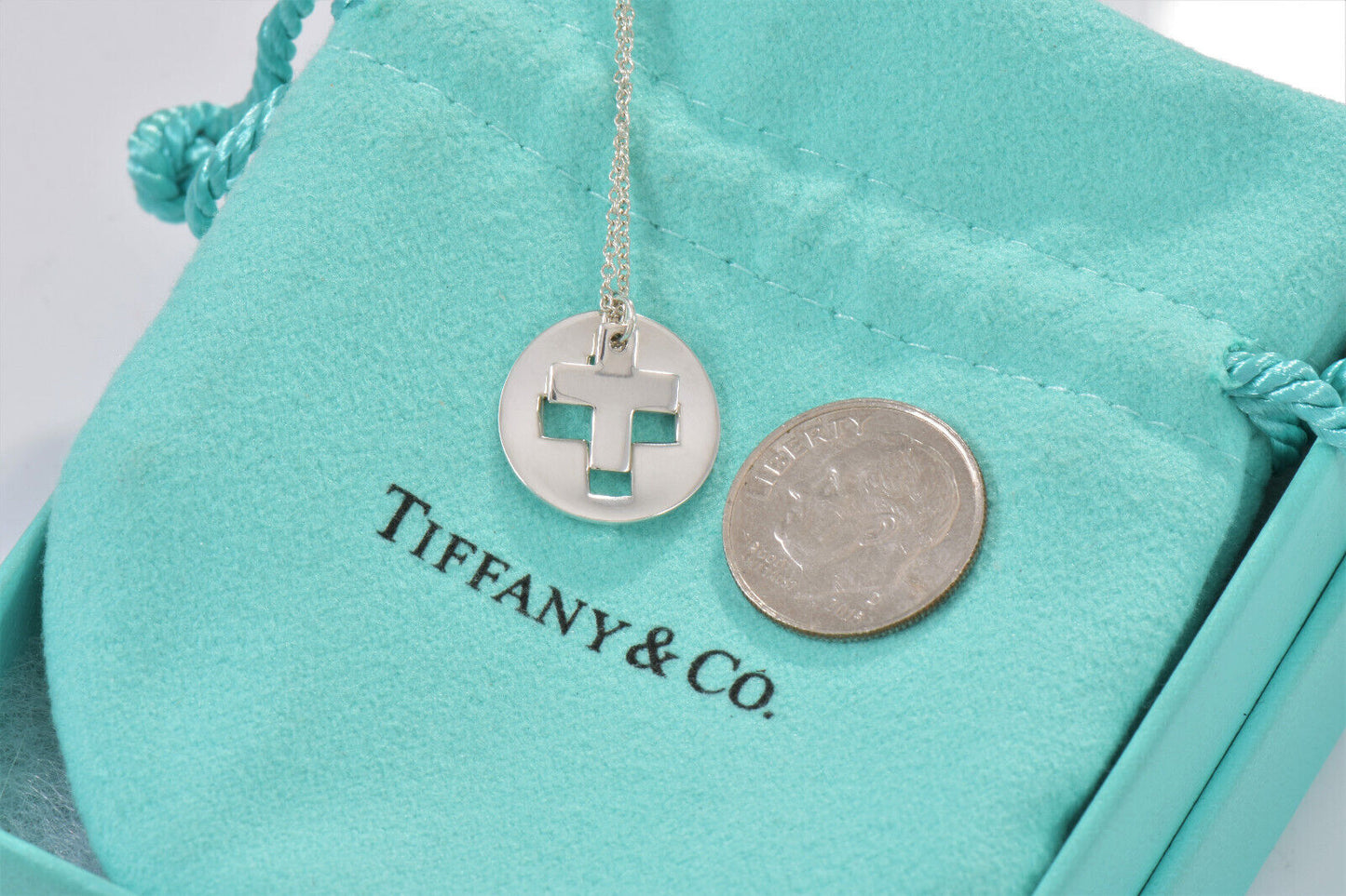 Tiffany & Co Sterling Silver Cross Cutout Circle Pendant 16" Necklace in Pouch