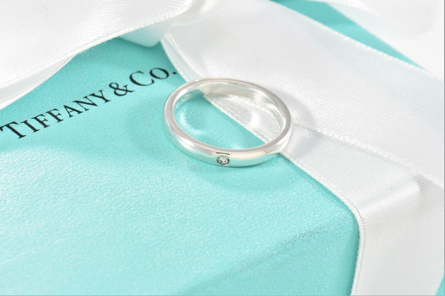 Tiffany & Co Sterling Silver Elsa Peretti Diamond Stack Ring Size 5.5 in Pouch