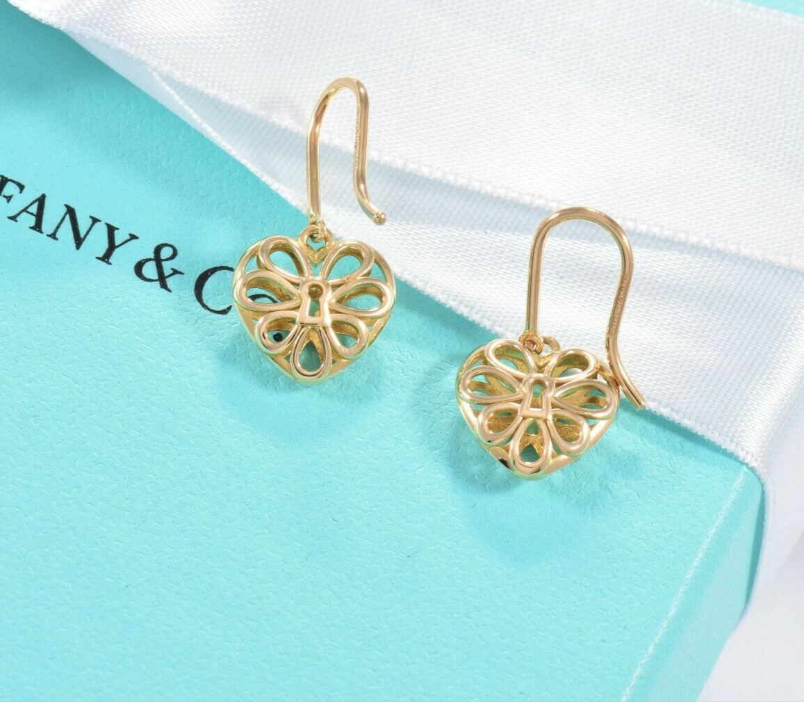 Tiffany & Co 18k Yellow Gold Filigree Heart Keyhole Hook Earrings in Box Pouch