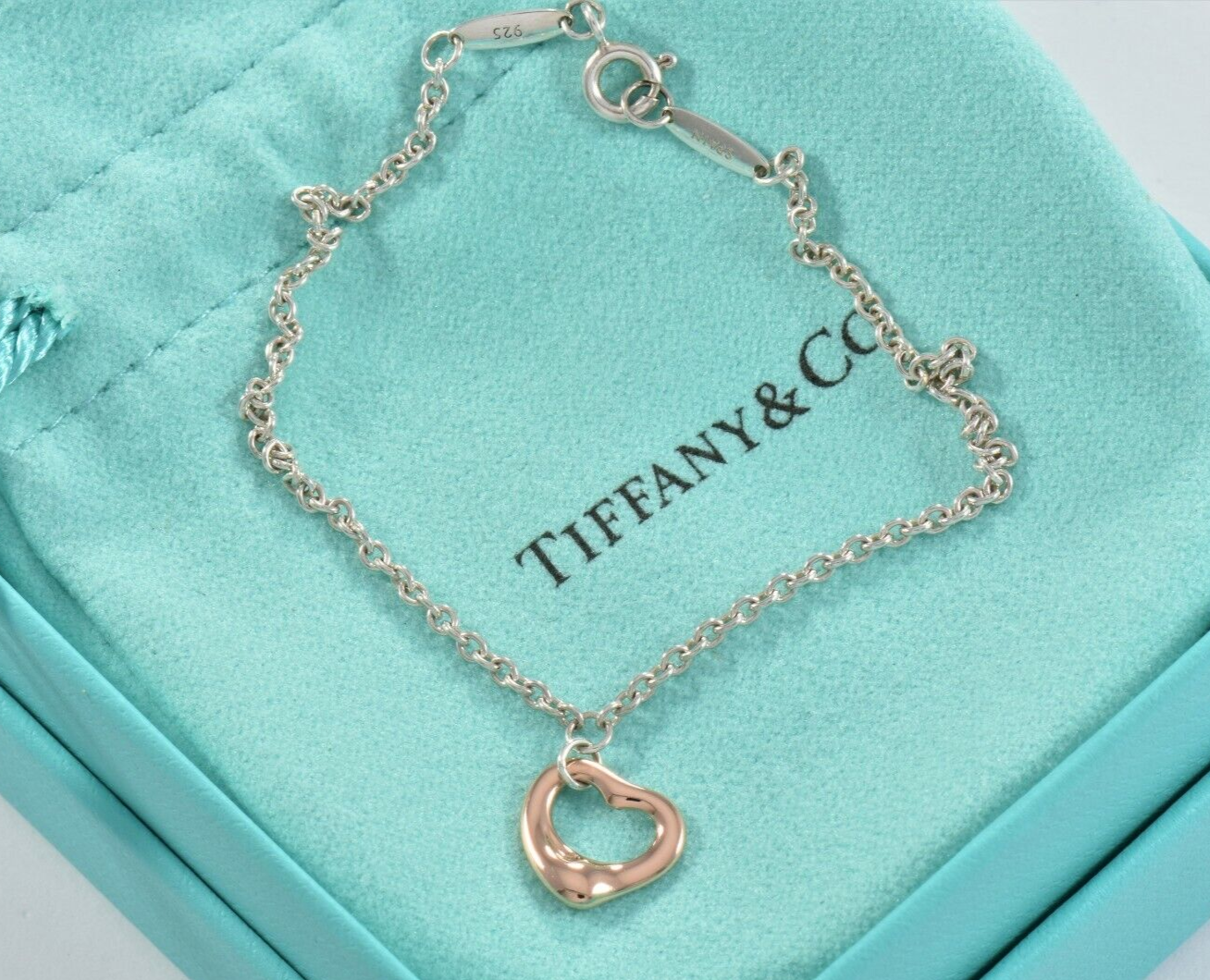 Tiffany & Co Rose Gold Silver Elsa Peretti Mini Open Heart 7.5" Bracelet & Pouch