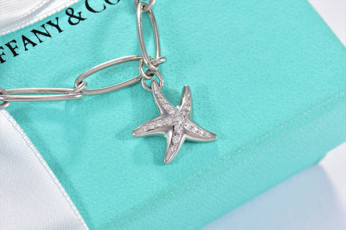 Tiffany & Co Elsa Peretti Diamond Platinum Starfish Charm 7.3" Bracelet in Box