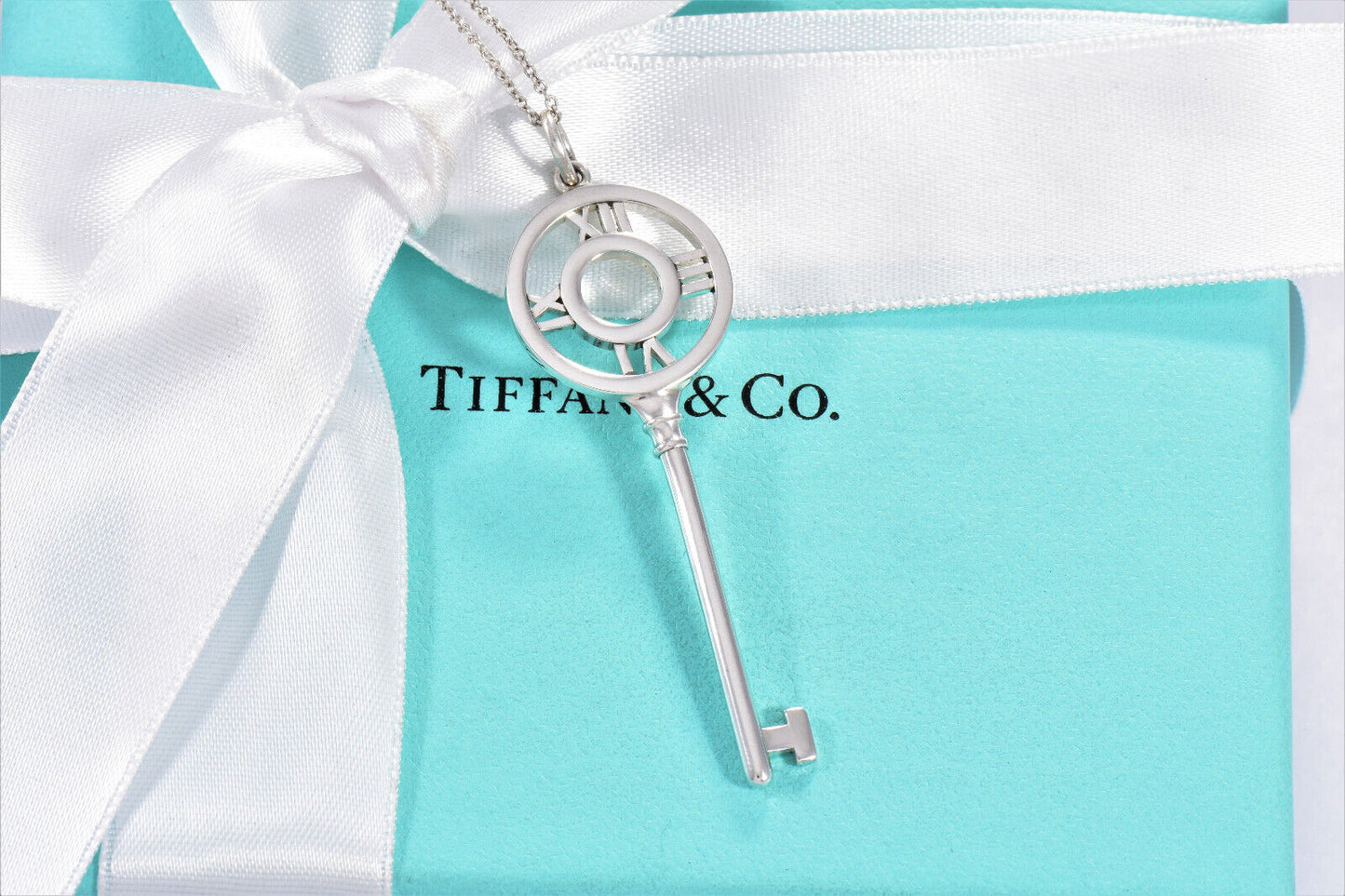 Tiffany & Co Silver 2.25" Atlas Charm Key Pendant 16.25" Necklace Boxed Numeral