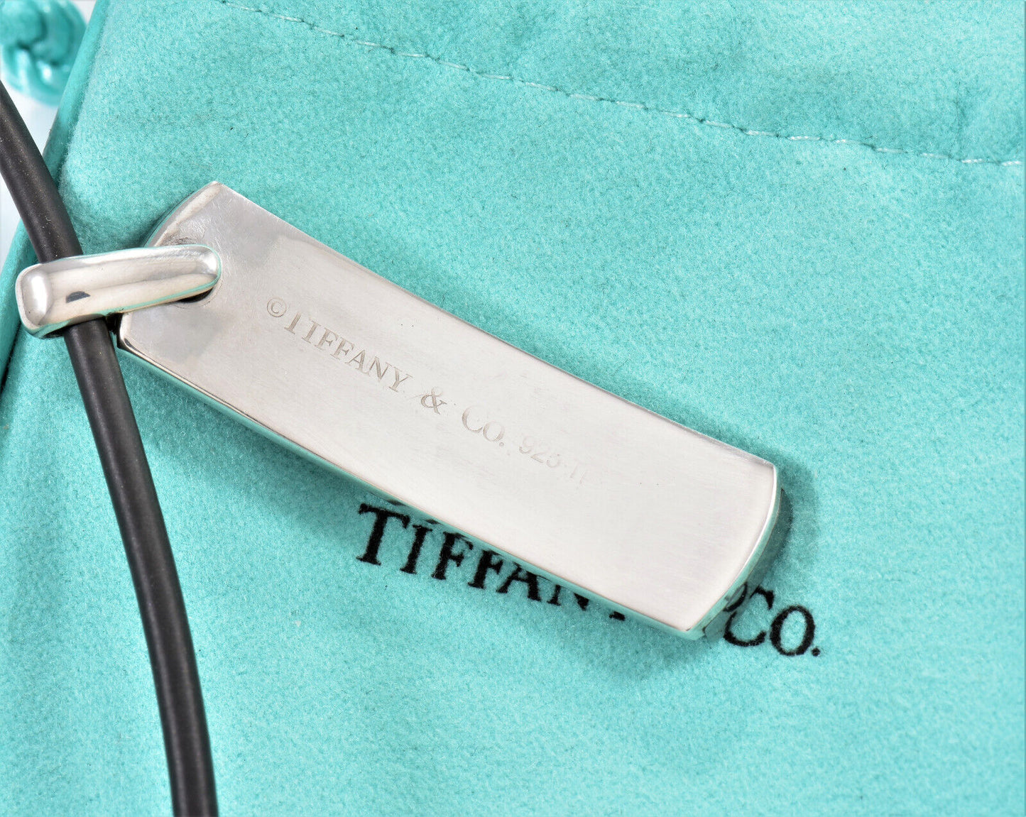 Tiffany & Co Silver Titanium 1837 Bar Rubber Surfer DogTag Necklace & Pouch Rare