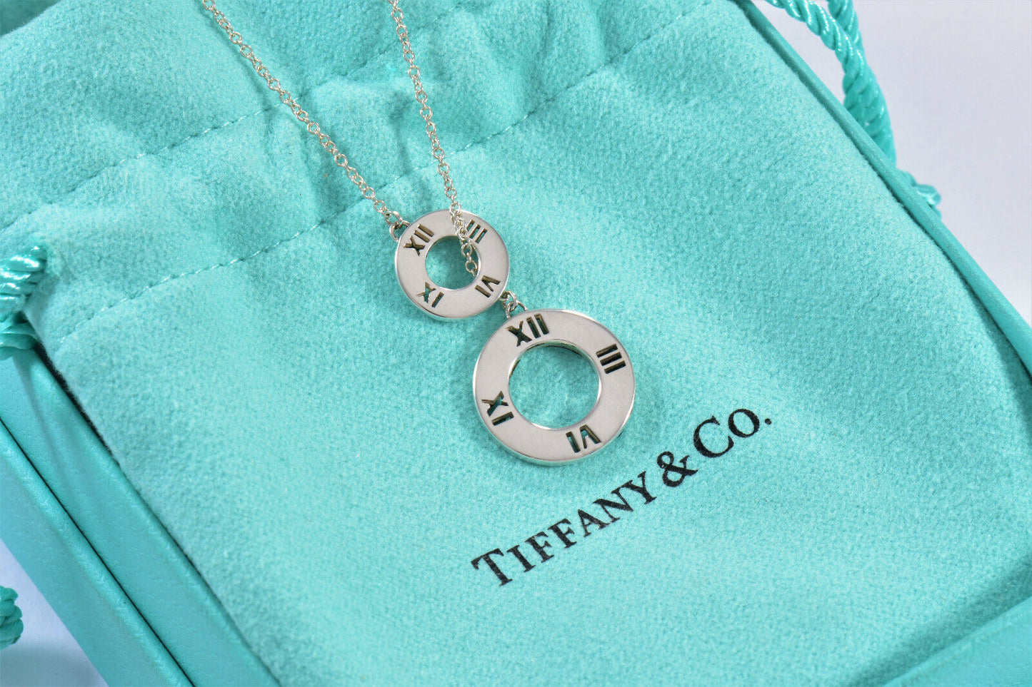 Tiffany & Co Silver Atlas Lariat Pendant Adjustable Necklace in Box Pouch Ribbon