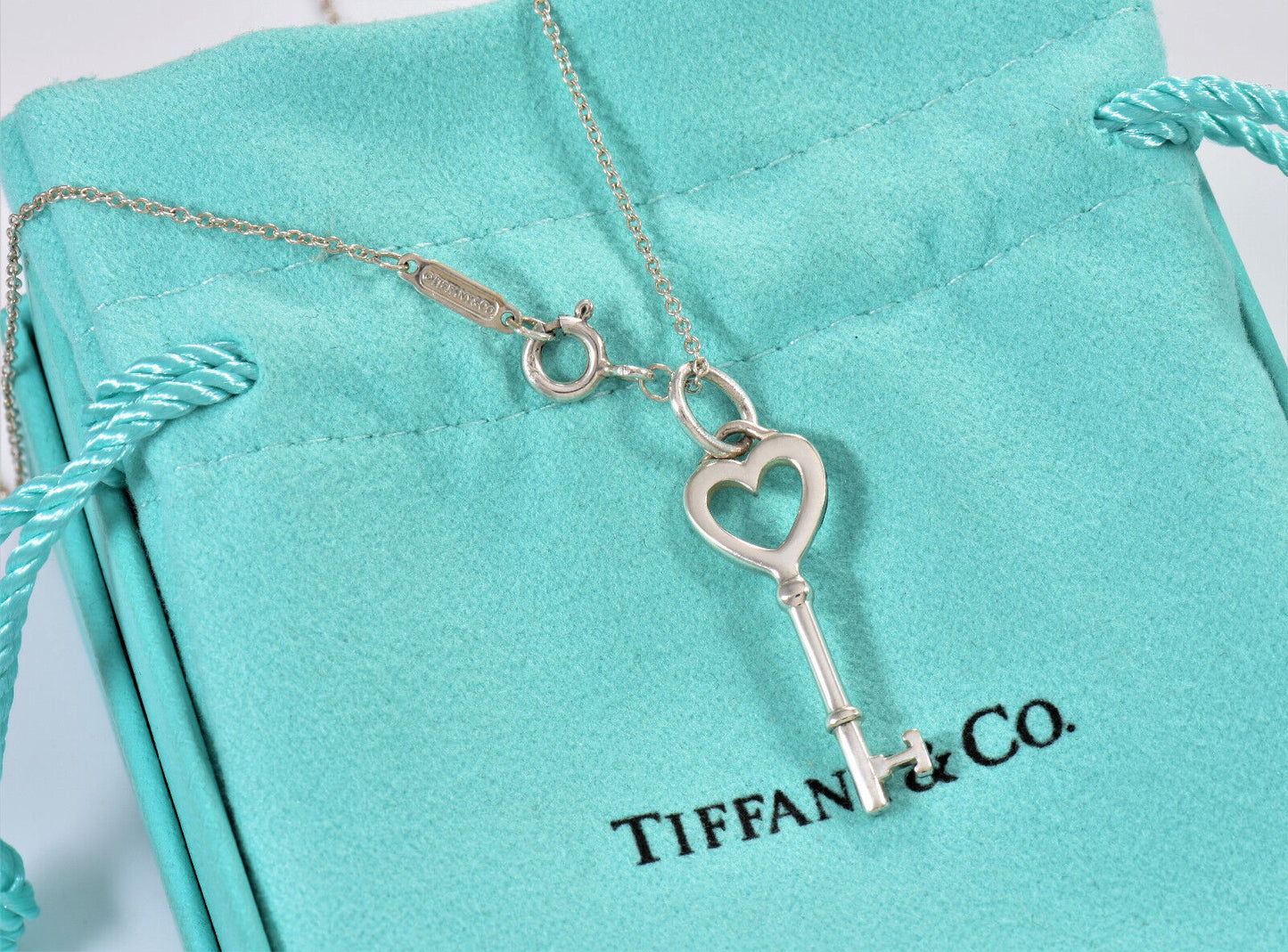 Tiffany & Co Silver Small 1.25" Heart Key Pendant 16.25" Chain Necklace in Pouch