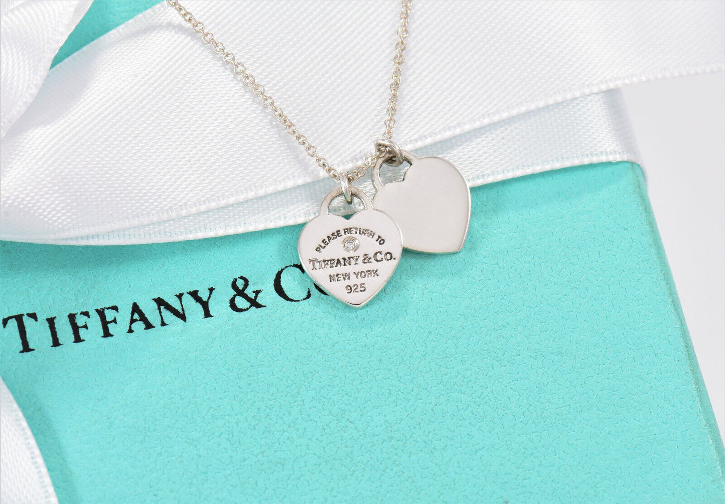 Return To Tiffany & Co Diamond Silver Mini Double Heart Pendant 16" Necklace