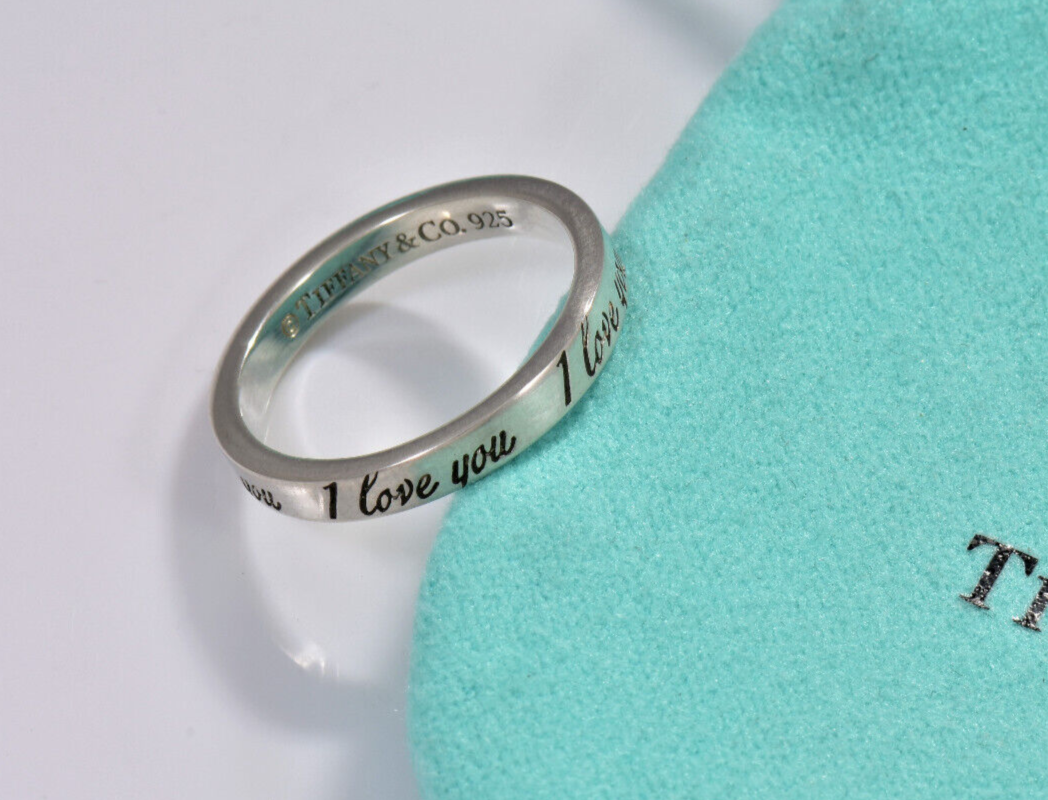 Tiffany & Co Sterling Silver I Love You Notes Narrow Band Ring Size 7 in Pouch