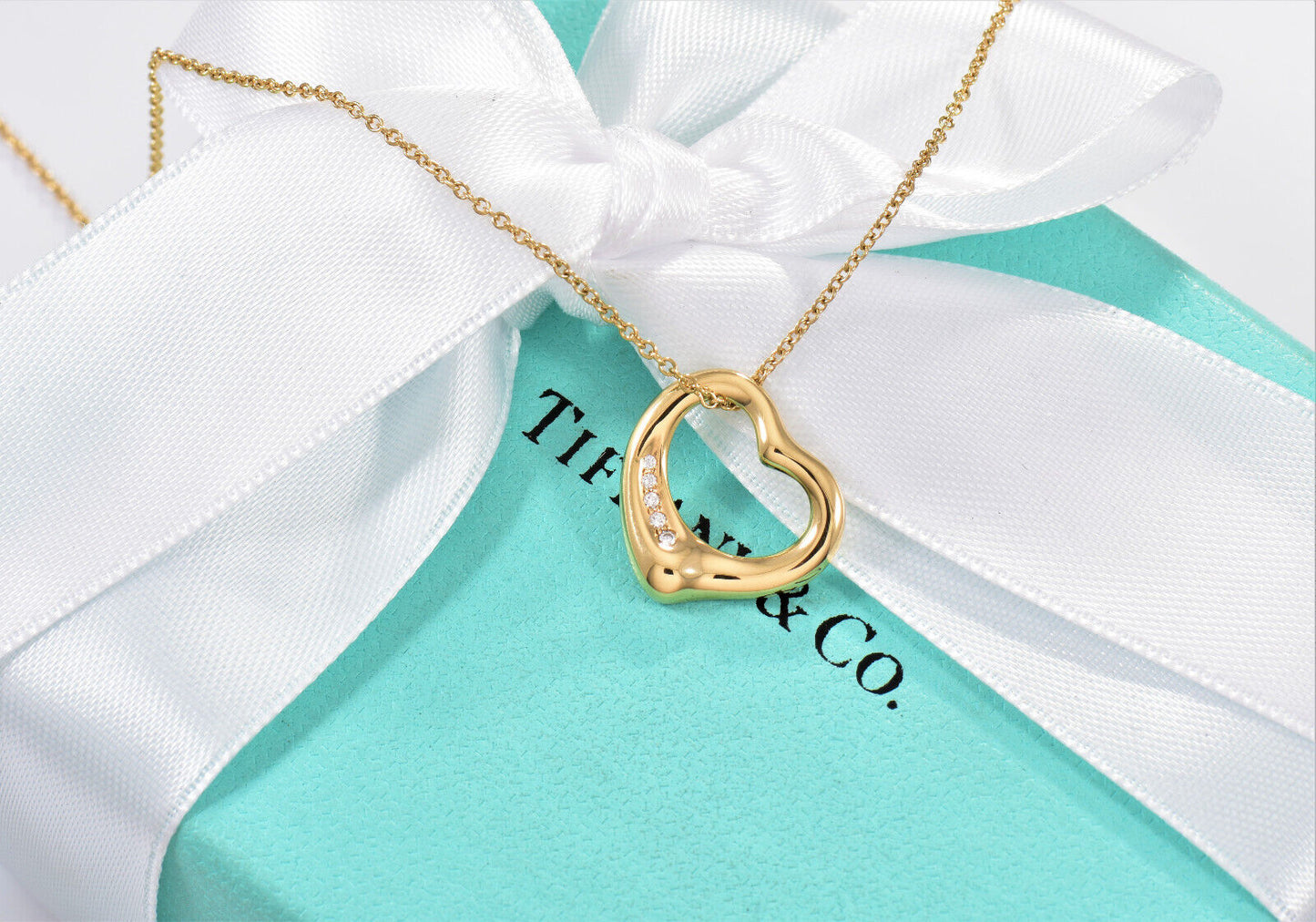 Tiffany & Co Diamond 18K Gold Elsa Peretti Open Heart Pendant 19.25" Necklace