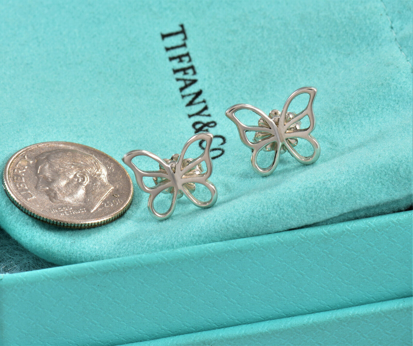 Tiffany & Co Sterling Silver 11mm Butterfly Earrings in Pouch Rare Lovely Insect