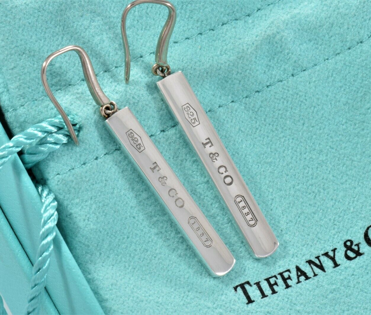 Tiffany & Co Sterling Silver 1837 Bar Dangling Hook Earrings & Pouch Dangle Rare