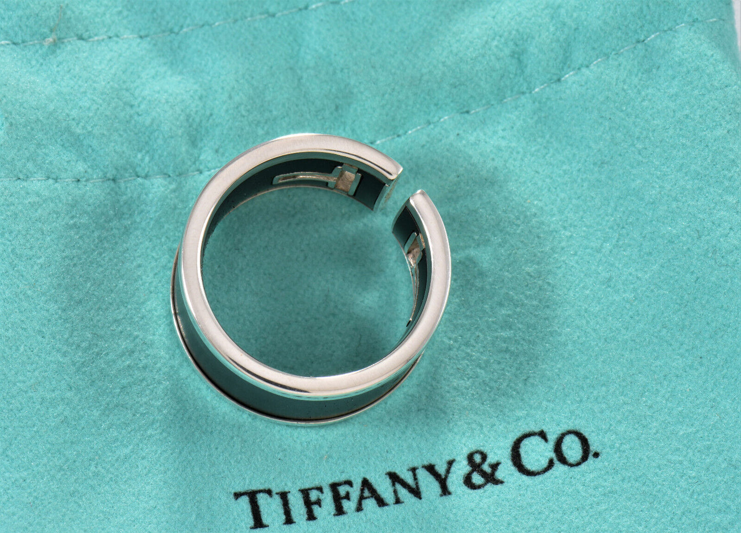 Tiffany & Co Silver Black Ceramic T Cut Out Square Wide Ring Size 6.5 in Pouch