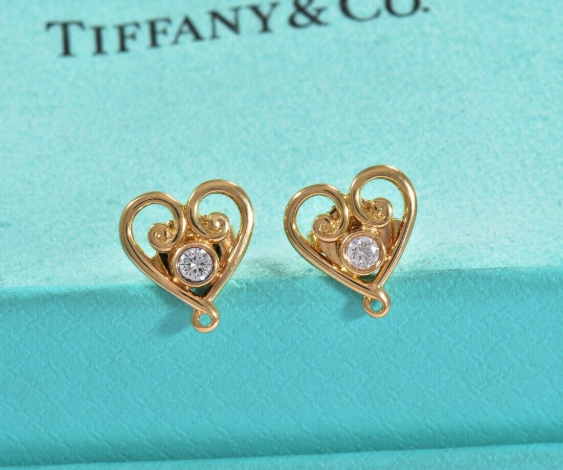 Tiffany & Co Diamond 18K Yellow Gold Picasso Venezia Goldoni Heart Earrings Box