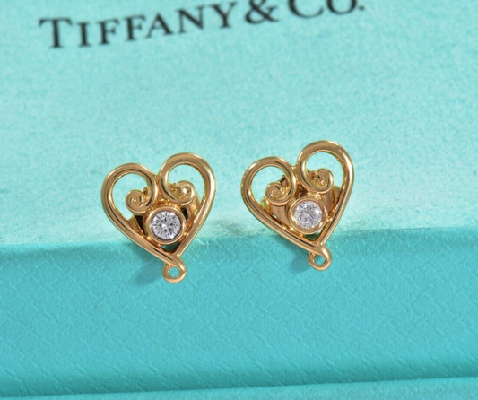 Tiffany & Co Diamond 18K Yellow Gold Picasso Venezia Goldoni Heart Earrings Box