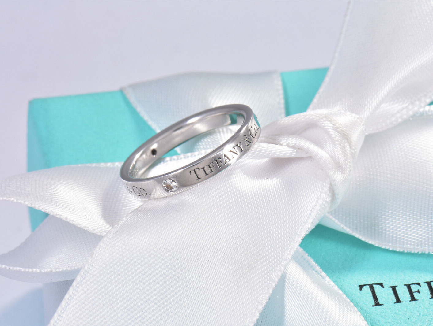 Tiffany & Co Platinum Three Diamond Band 3mm Ring Size 5.5 in Box Pouch Rare