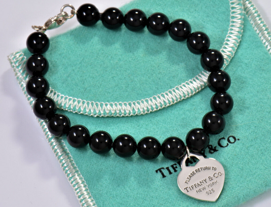 Please Return To Tiffany & Co Silver Onyx Bead Heart Tag Charm Bracelet 7.55"