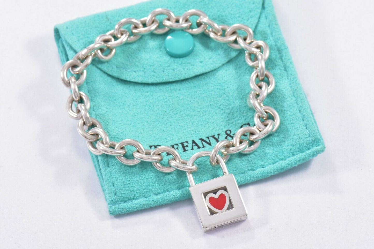 Tiffany & Co Sterling Silver Red Enamel Heart Lock 8" Chain Link Bracelet Rare