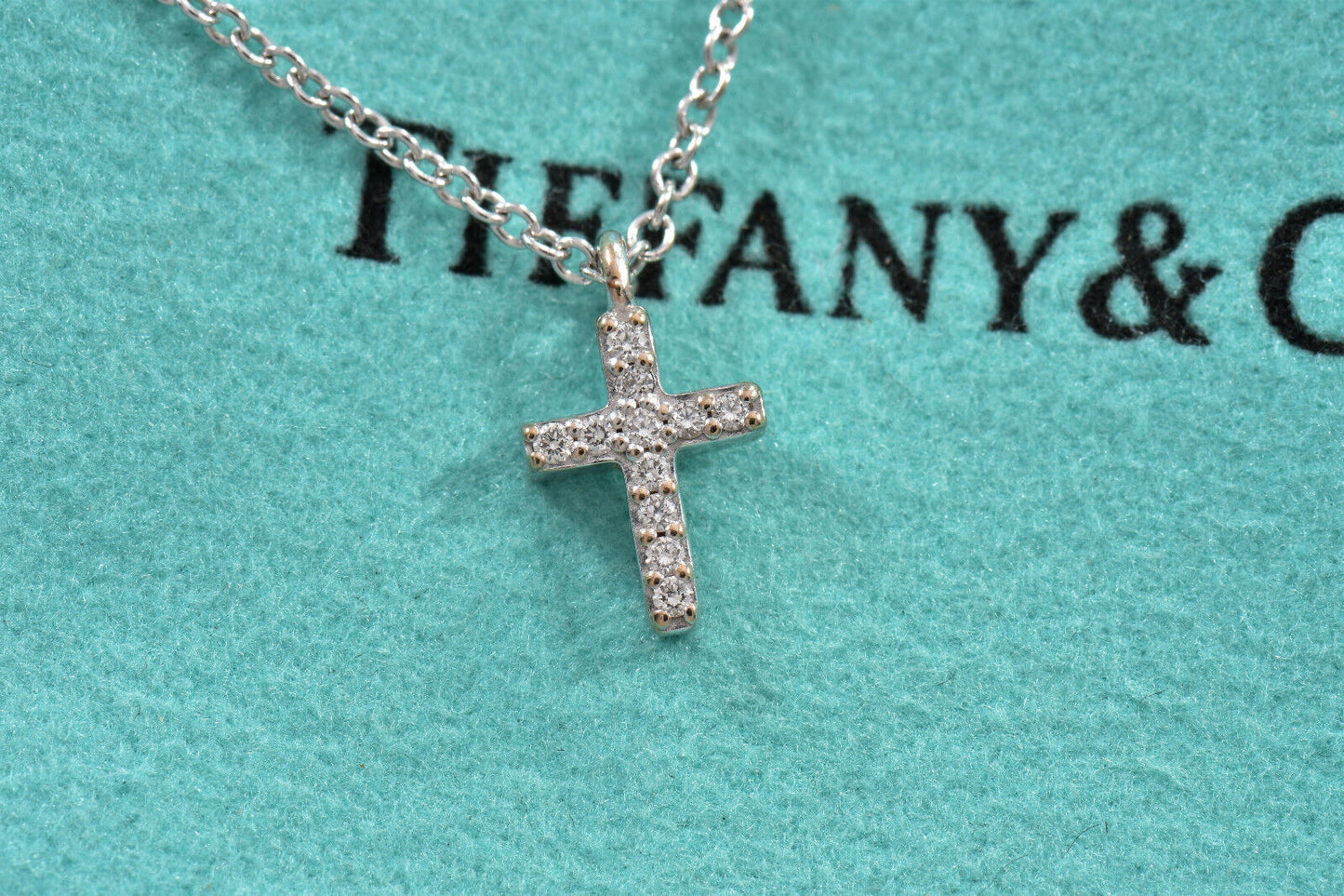 Tiffany & Co Diamond 18K White Gold Mini Metro Cross Pendant 17" Necklace Boxed