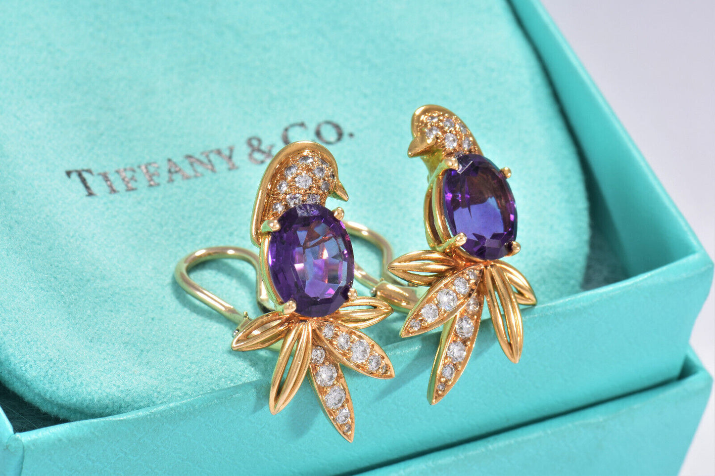 Tiffany & Co 18K Yellow Gold Birds of Paradise Diamond Amethyst Earrings Clip On