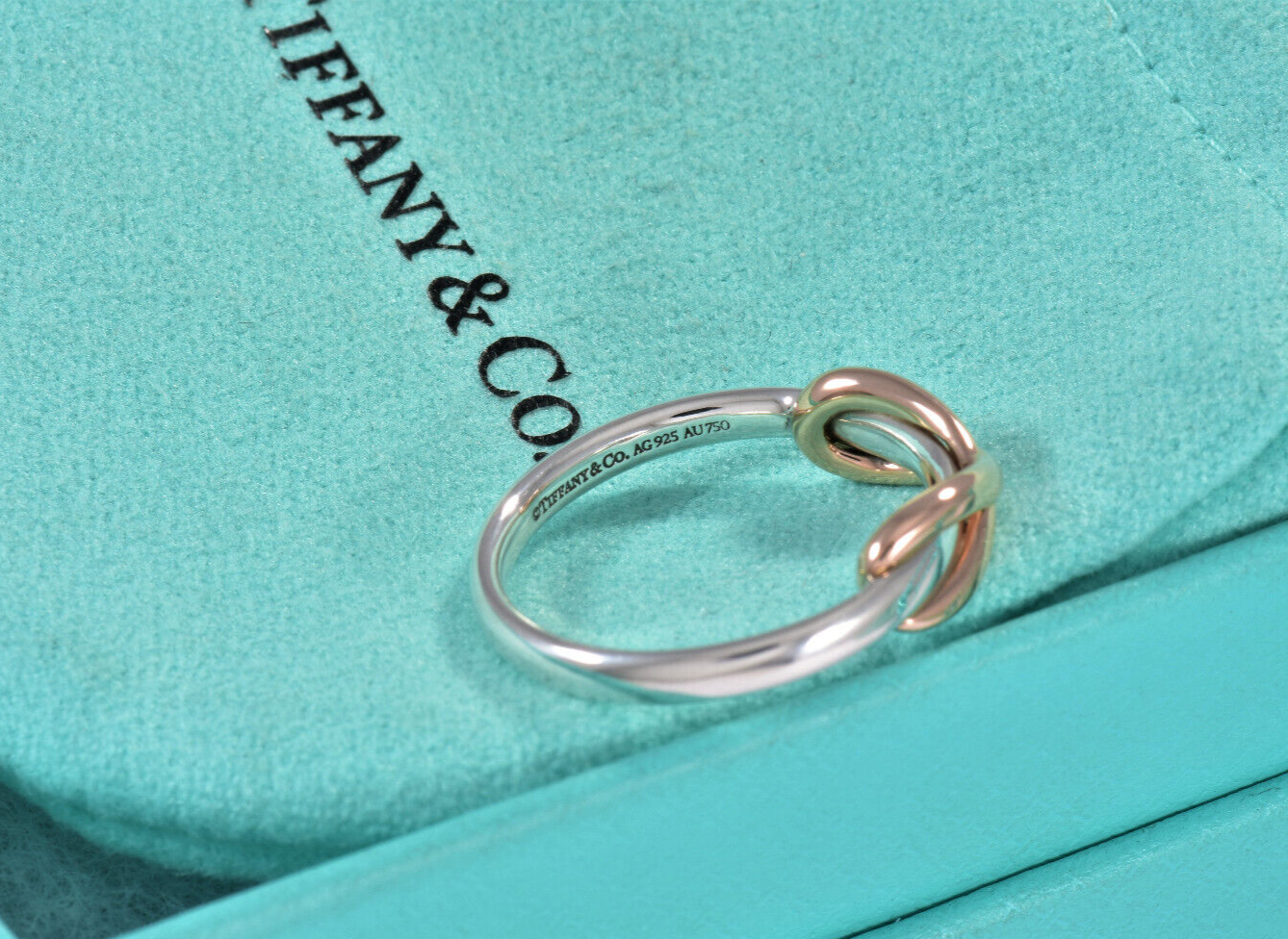 Tiffany & Co 18k Rose Gold Silver Infinity Knot Ring Size 6 in Box Narrow Band