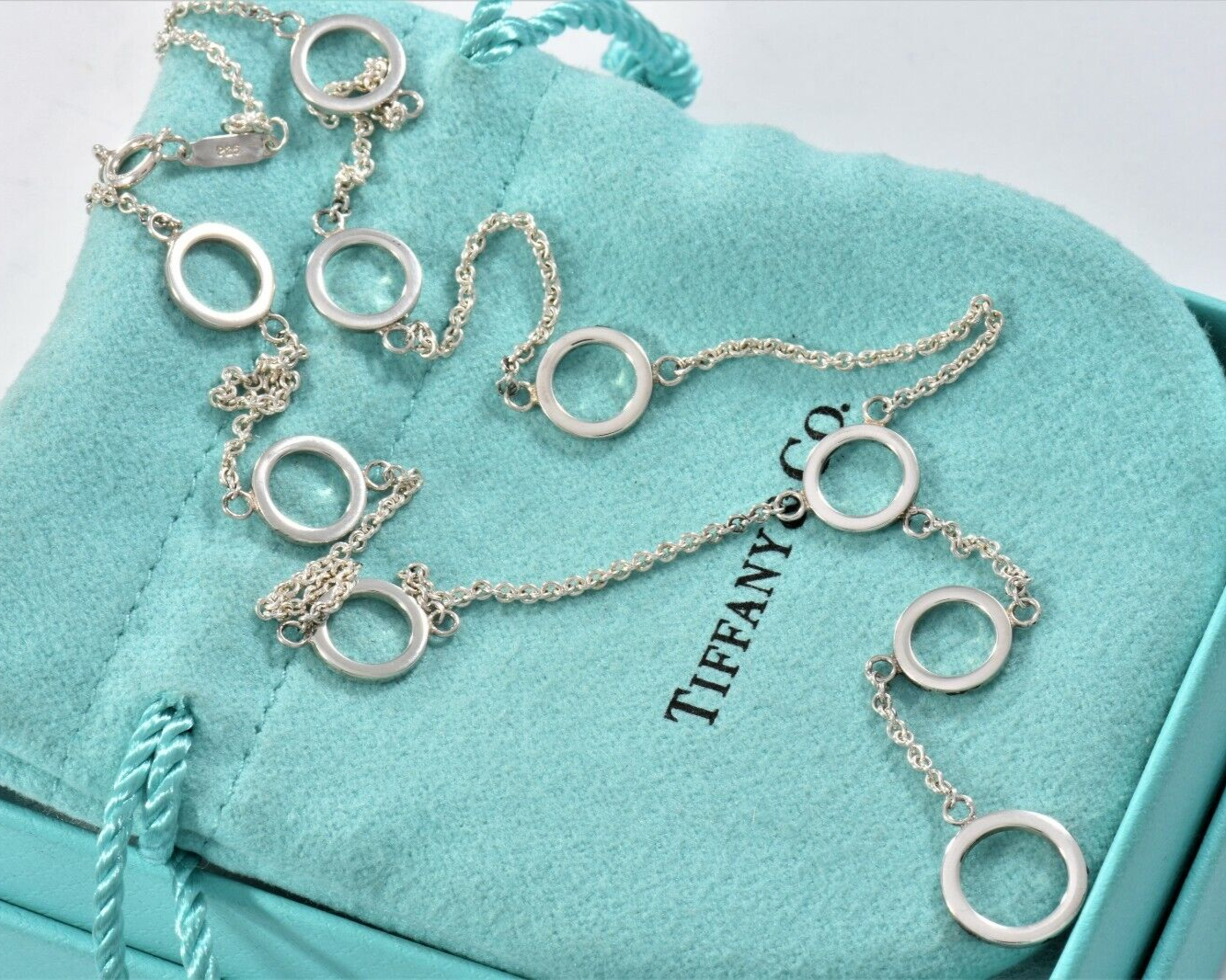 Tiffany & Co Sterling Silver Ring Circles Chain Link Lariat Necklace & Box Pouch