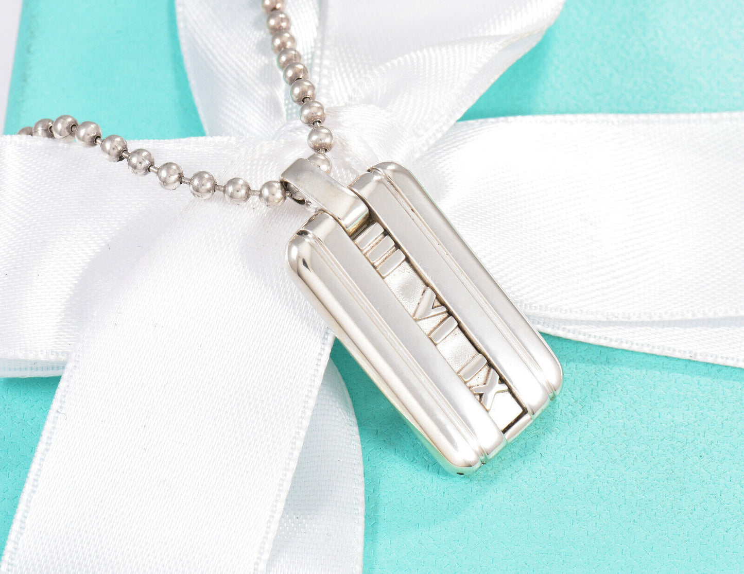 Tiffany & Co Silver Atlas DogTag Pendant 20.25" Bead Chain Necklace in Pouch Men