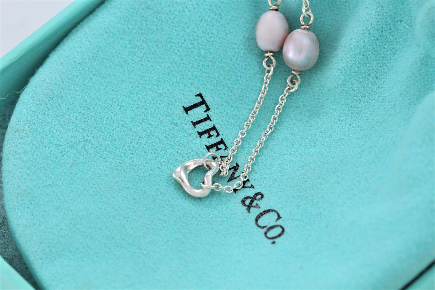 Tiffany & Co Silver Elsa Peretti Open Heart Pink Pearl By Yard Bracelet 7.5"