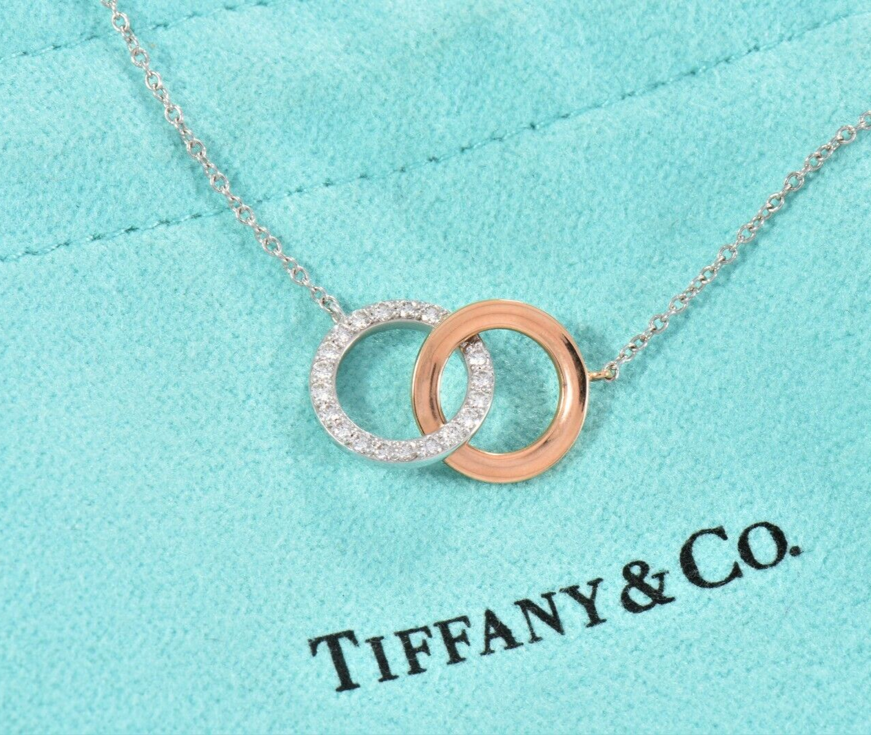 Tiffany & Co Diamond 18k White Rose Gold Interlocking Circles Pendant Necklace