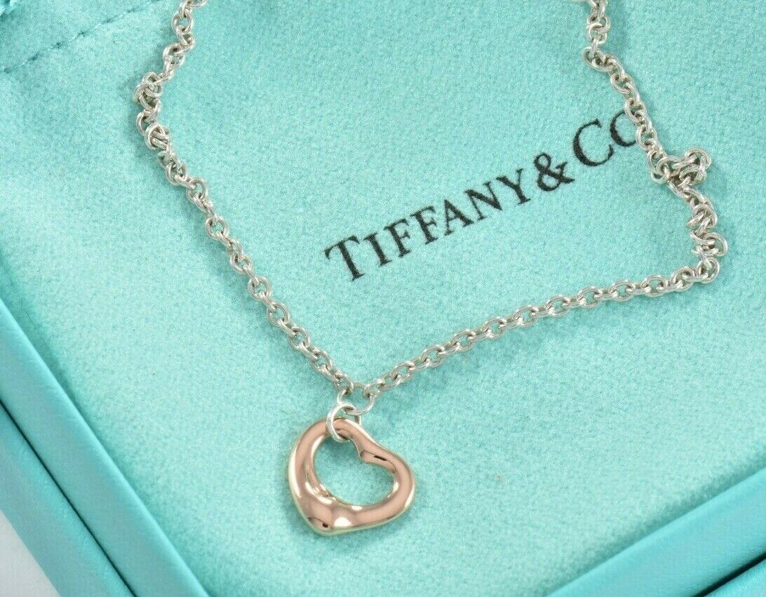 Tiffany & Co Rose Gold Silver Elsa Peretti Mini Open Heart 7.5" Bracelet & Pouch