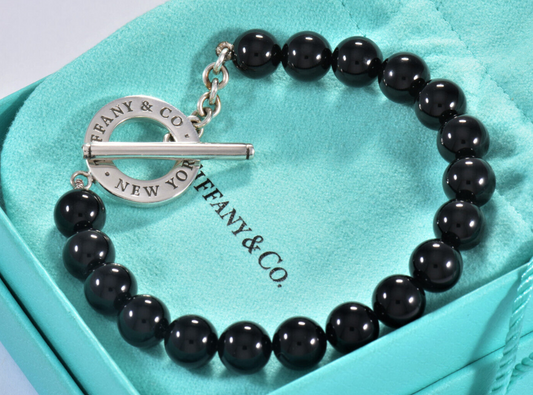 Tiffany & Co Silver Black Onyx 8mm Bead Toggle Bracelet 7.5" Large New Version