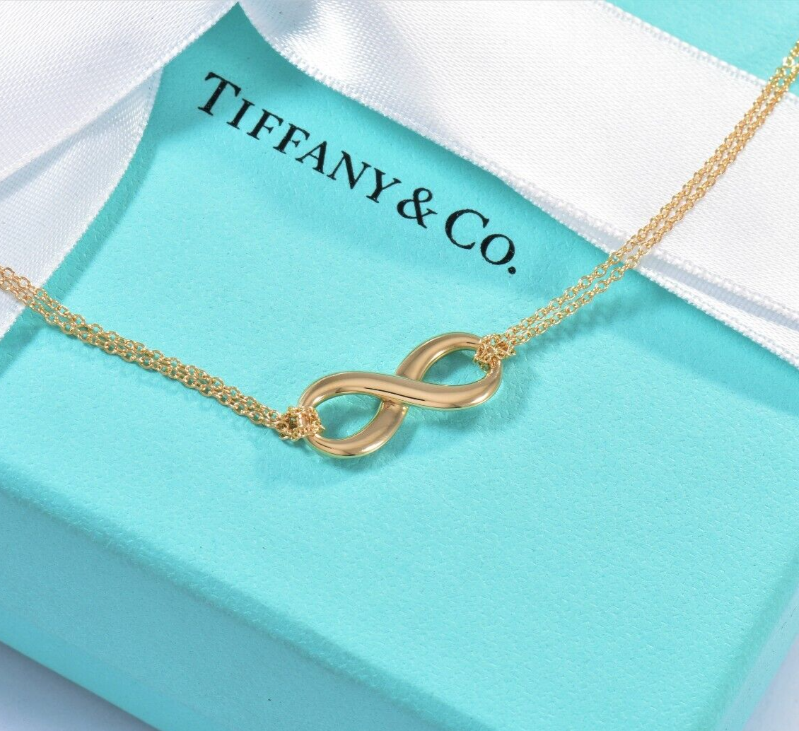 Tiffany & Co 18K Yellow Gold Infinity Pendant Double Chain Necklace in Box Pouch