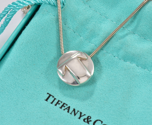 Tiffany & Co Silver Solid 3D Circle Initial Letter T Snake Chain Necklace Rare