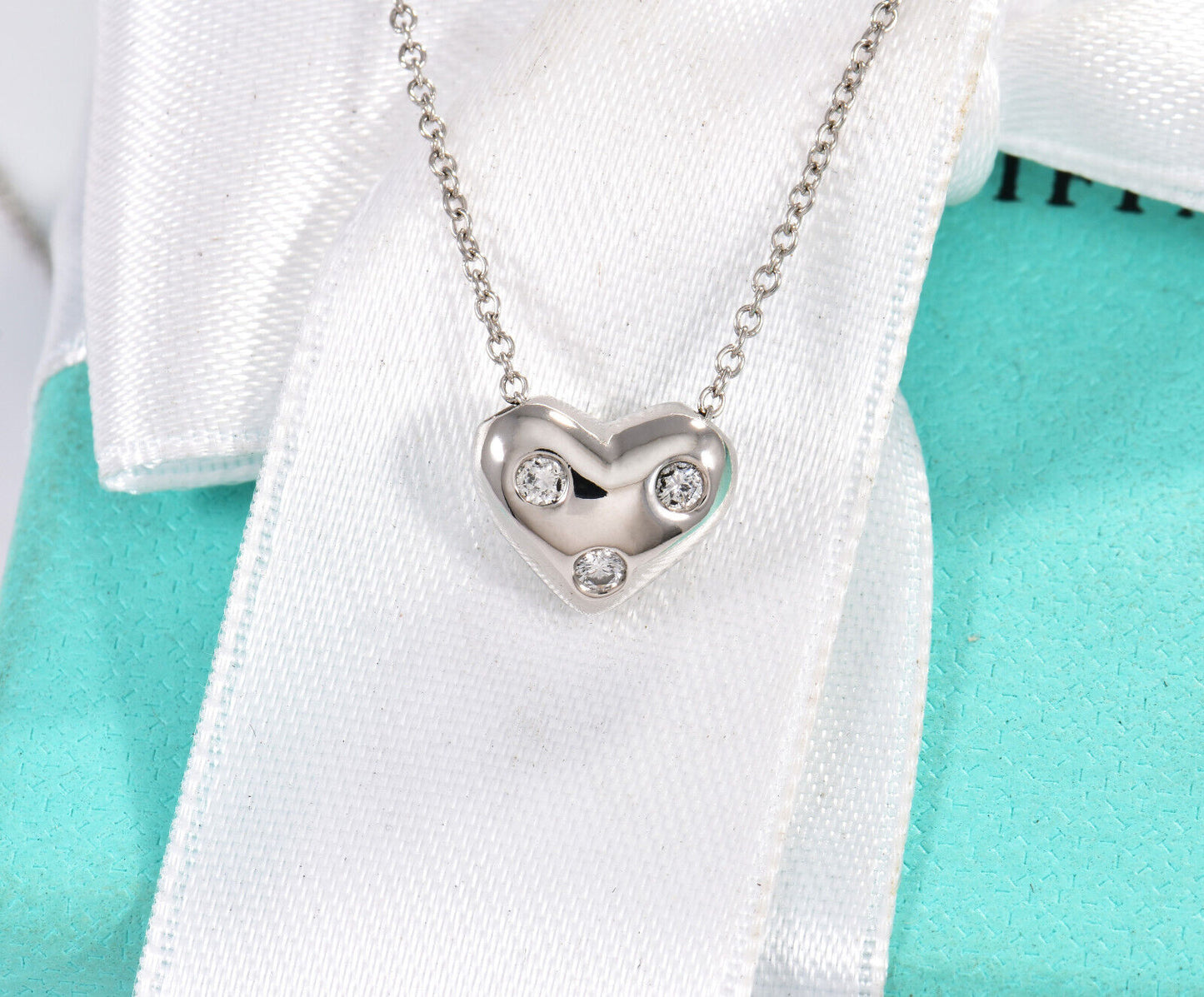 Tiffany & Co Diamond Platinum Etoile Heart Pendant 19" Necklace & Box Pouch Rare