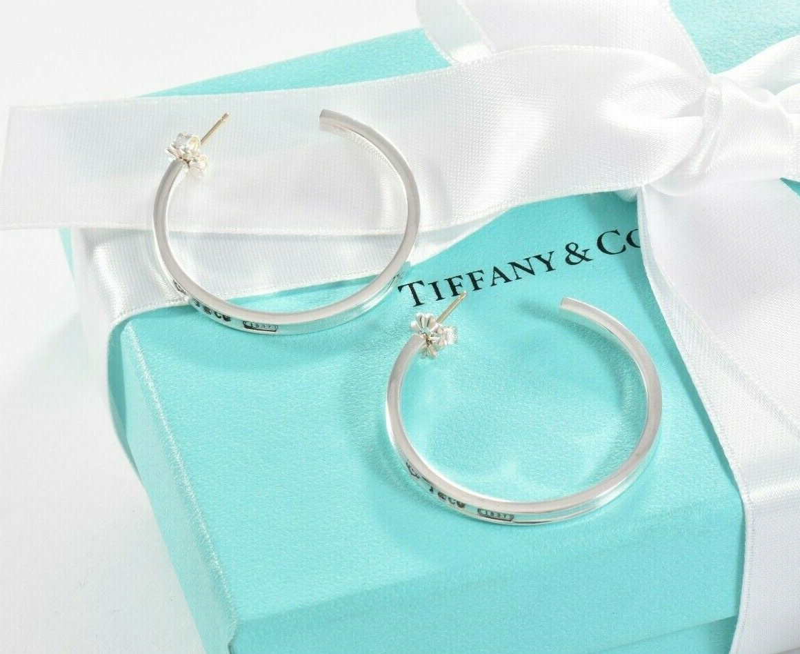 Tiffany & Co Sterling Silver 1837 34mm Large Narrow Hoop Earrings Boxed 3mm Rare