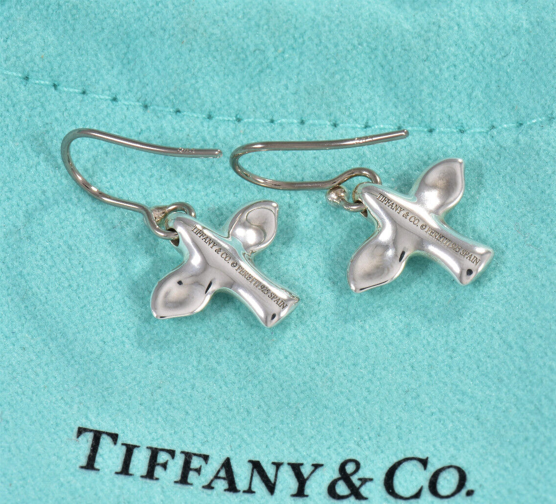 Tiffany & Co Silver Elsa Peretti Dove 14k Gold Hook Earrings in Pouch Dangle