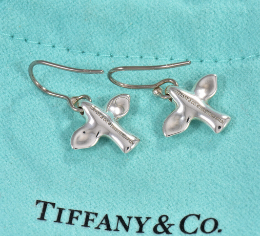 Tiffany & Co Silver Elsa Peretti Dove 14k Gold Hook Earrings in Pouch Dangle