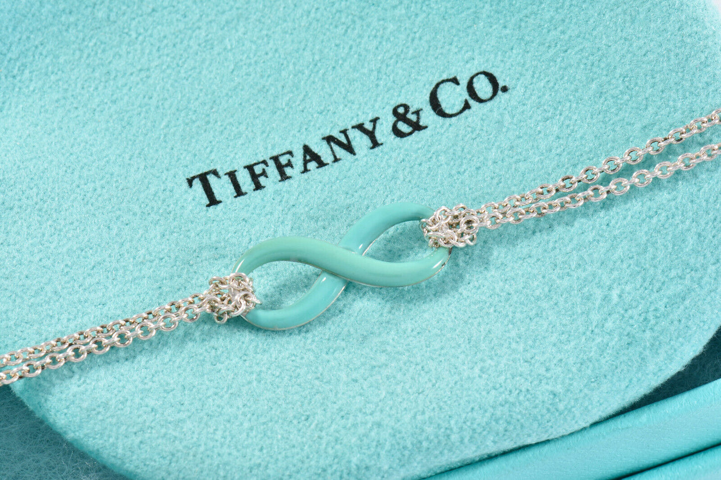 Tiffany & Co Silver Blue Enamel Infinity Pendant 18" Double Chain Necklace Boxed