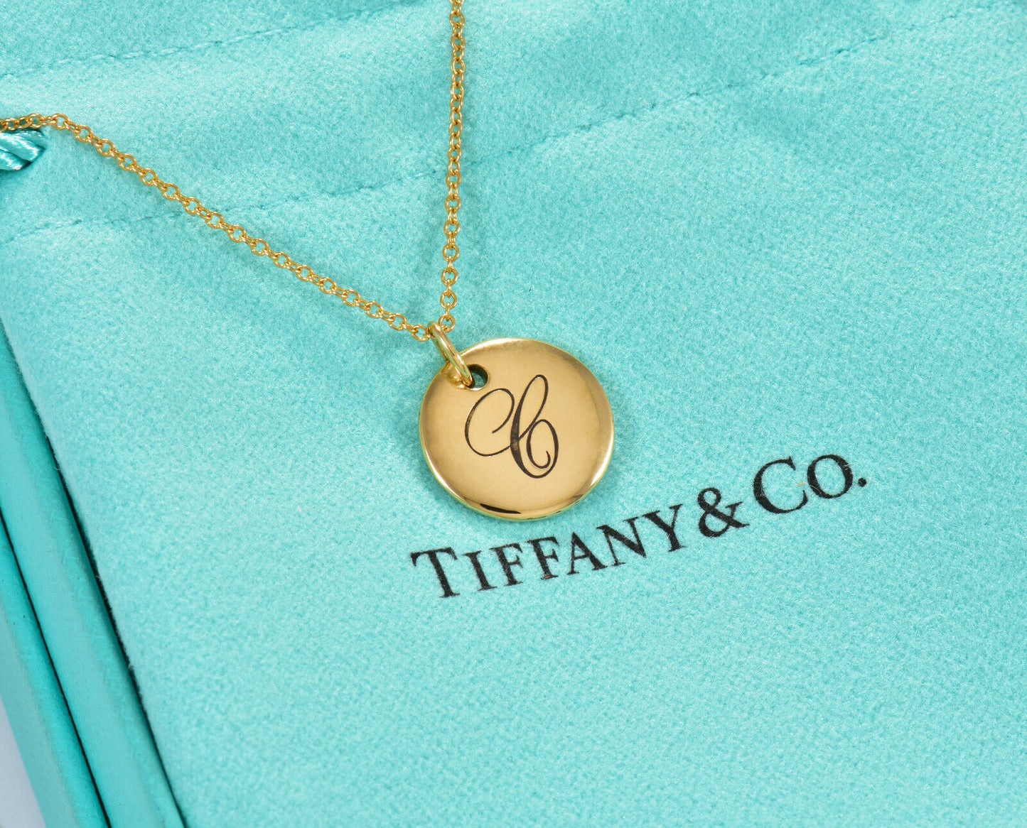 Tiffany & Co 18K Yellow Gold Circle Notes Letter C Disc Pendant 18" Necklace Box