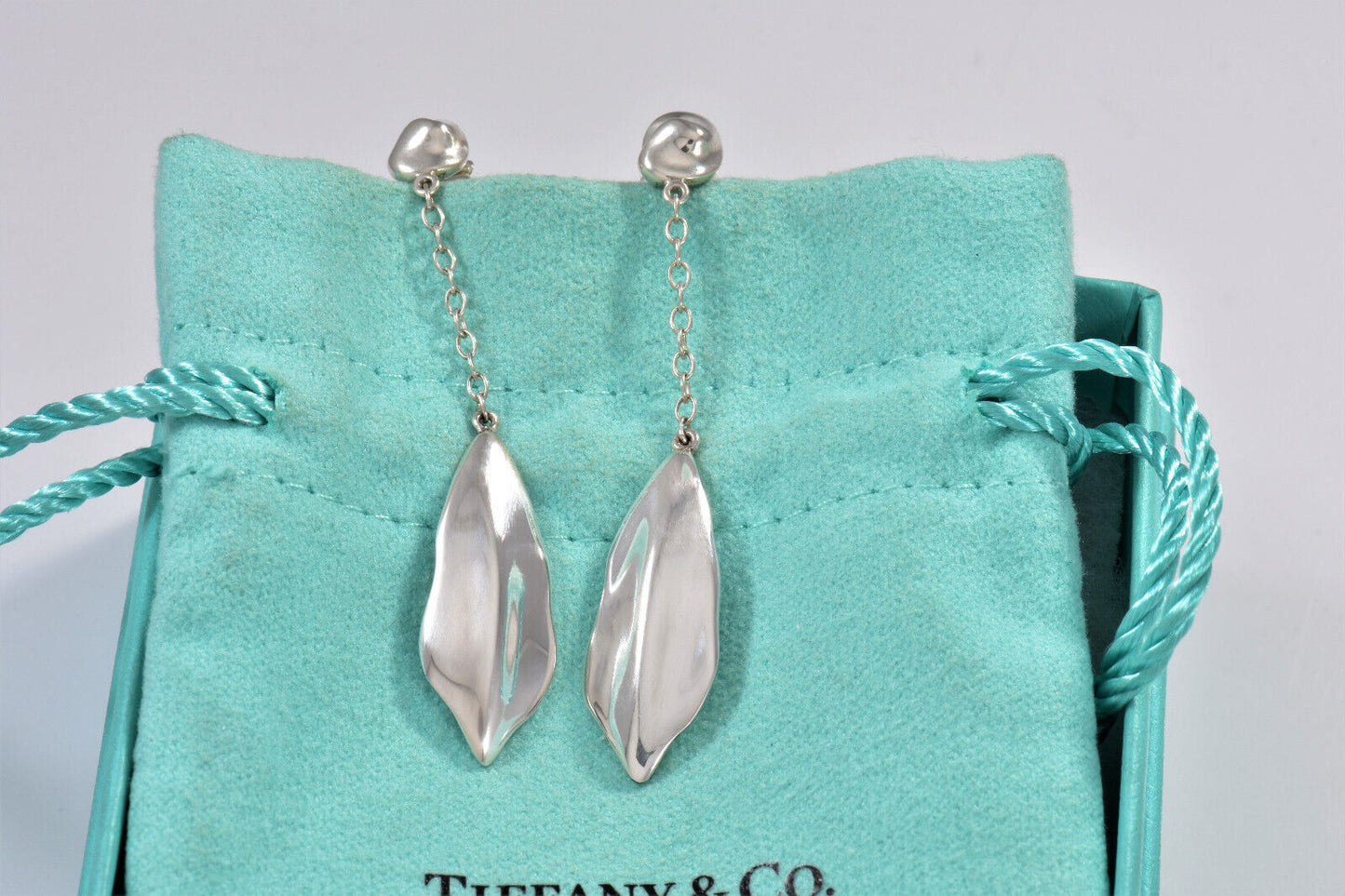 Vintage Tiffany & Co Silver Nature Leaf Dangle Drop Earrings Pouch Rare Dangling