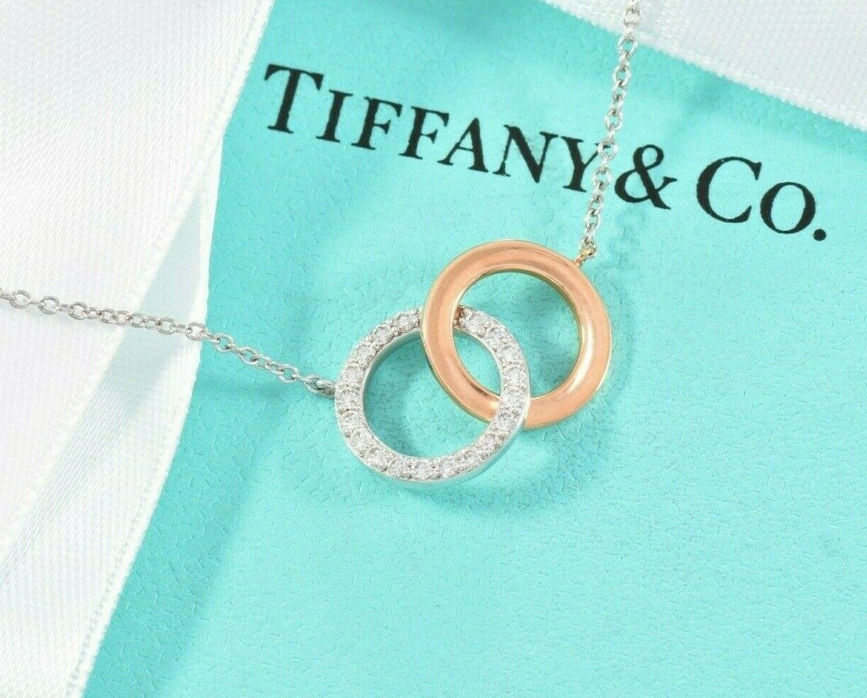 Tiffany & Co Diamond 18k White Rose Gold Interlocking Circles Pendant Necklace