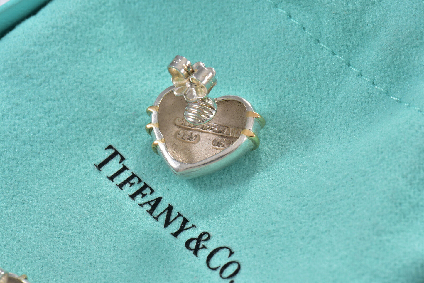 Vintage Tiffany & Co 18k Gold Silver Heart Arrow Puff Stud Earrings in Pouch