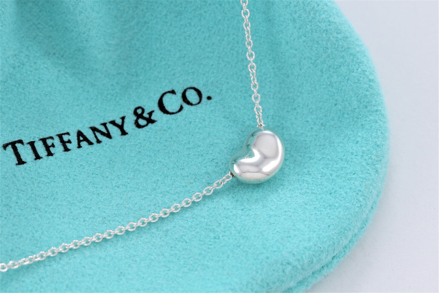 Tiffany & Co Silver Elsa Peretti 9mm Bean Pendant 16" Necklace in Pouch