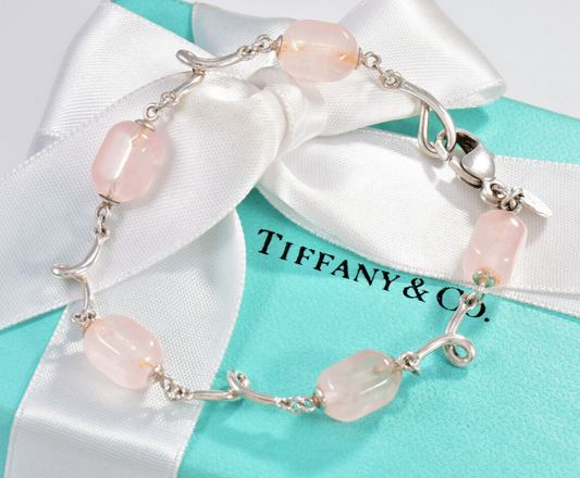 Tiffany & Co Silver Pink Rose Quartz Bead 7.25" Bracelet Twist Link & Pouch Rare